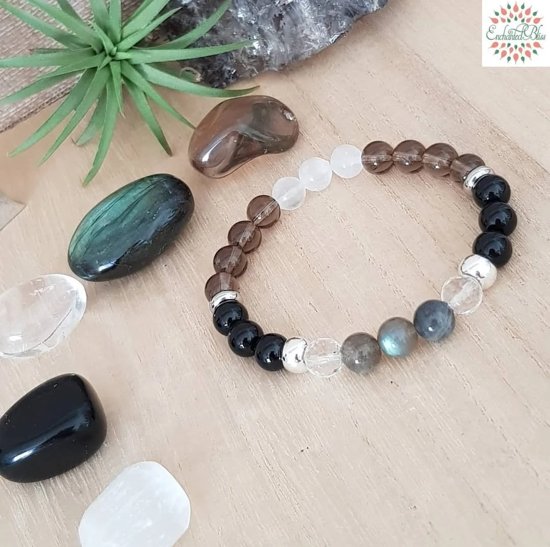 Labradorite, Black Onyx, Clear Quartz, Smoky Quartz, Selenite