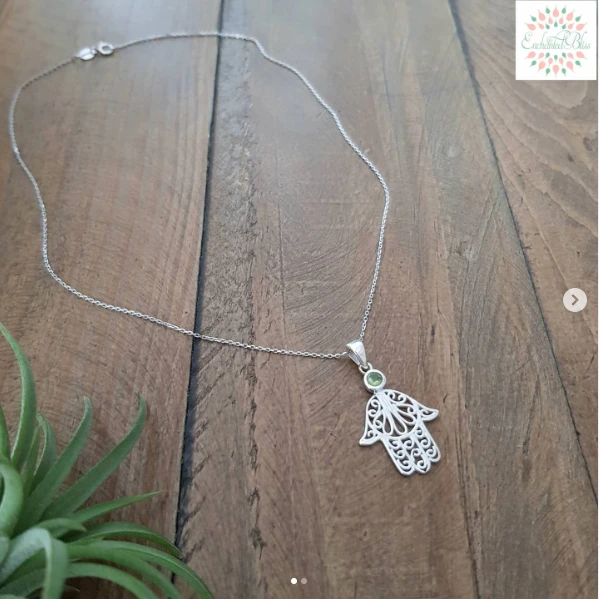 Pure Silver filigree Peridot Hamsa Necklace 16 inch long