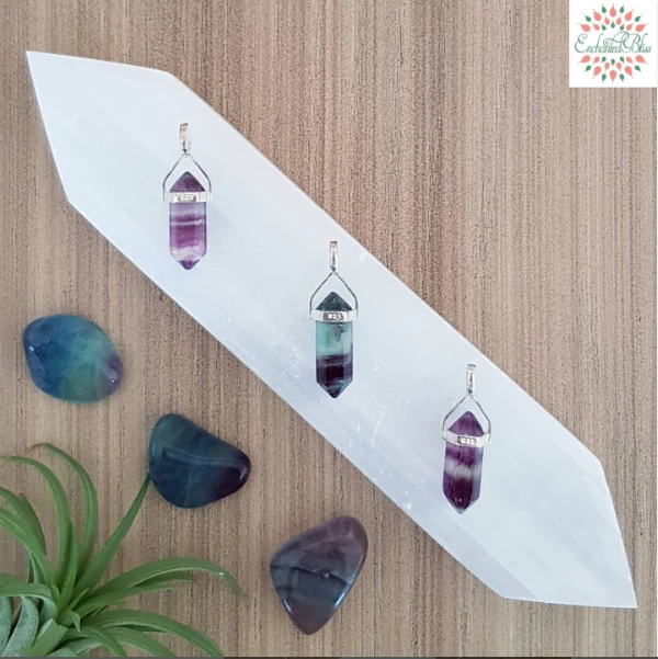 Pure Silver Aura cleansing Double Pointed Rainbow Flourite pendants.