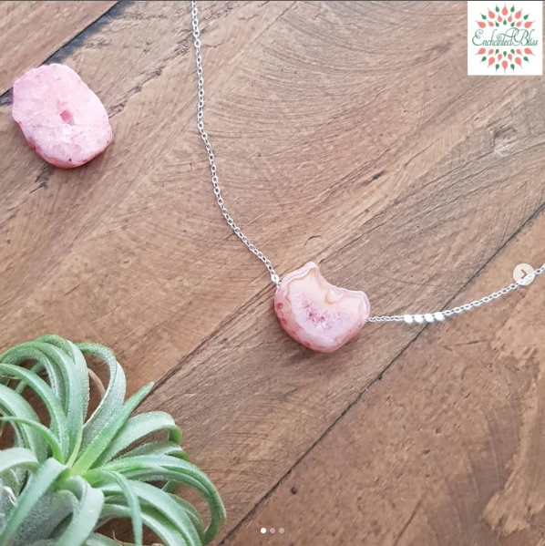 Natural Pink Agate slice pure silver 16 inch Necklace.