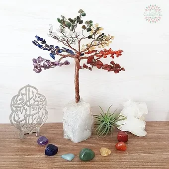 7 Chakras Gemstone Tree on Raw Quartz Base Copper Wire