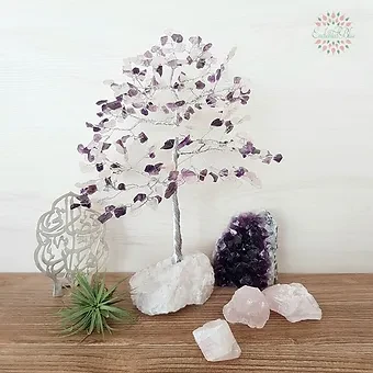 Love and Peace Amethyst and Rose Quartz Tree on Rose Quartz Base Silver Wire