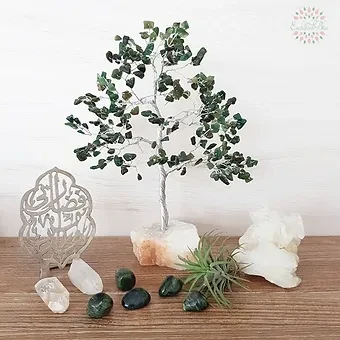 Nephrite Jade Good Luck, Love & Wealth on Raw Quartz base Gemstone Tree