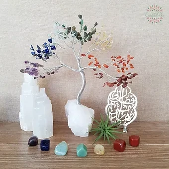 Chakra stones on raw Quartz base Gemstone tree