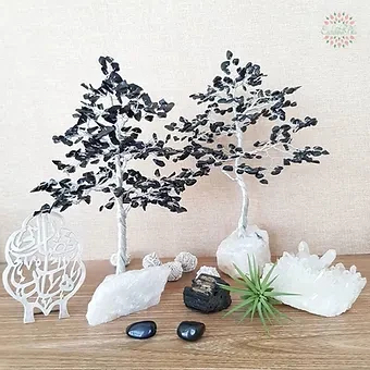 Black Tourmaline & Black Agate on a raw Quartz base Gemstone Tree