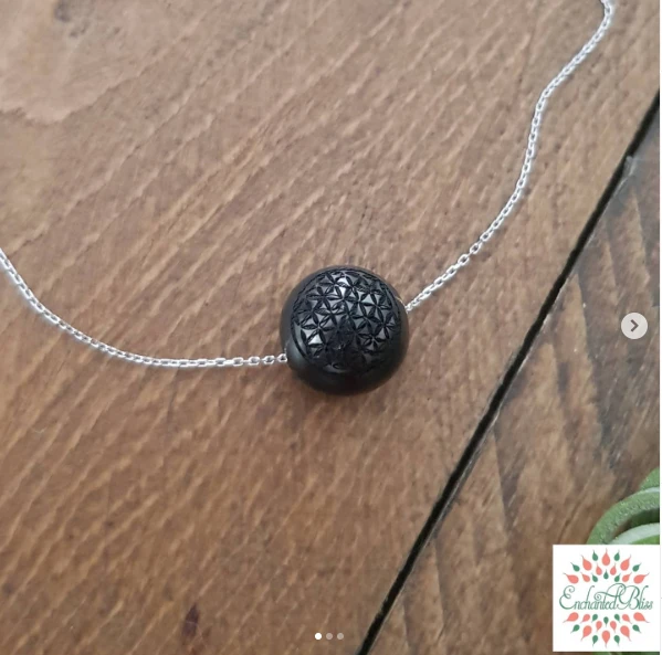 Flower of Life engraved 12mm Shungite sphere on Rhodium plated adjustable length 17.5 silver necklace for EMF Protection, Stamina & grounding